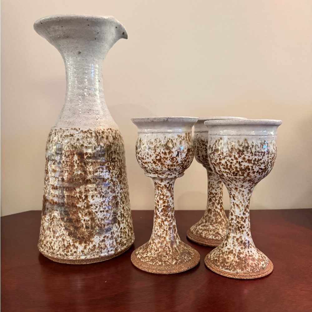 Vintage Pottery Wine Decanter & 3 Goblets